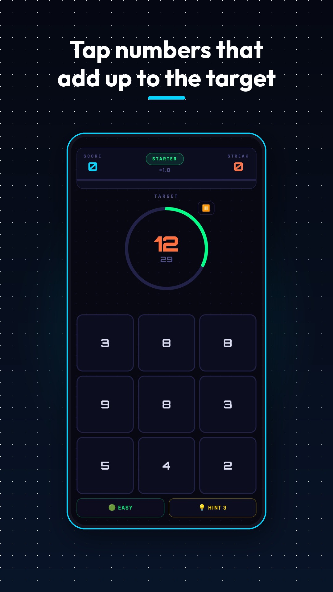 TenSum gameplay screenshot: tap numbers that add up to the target